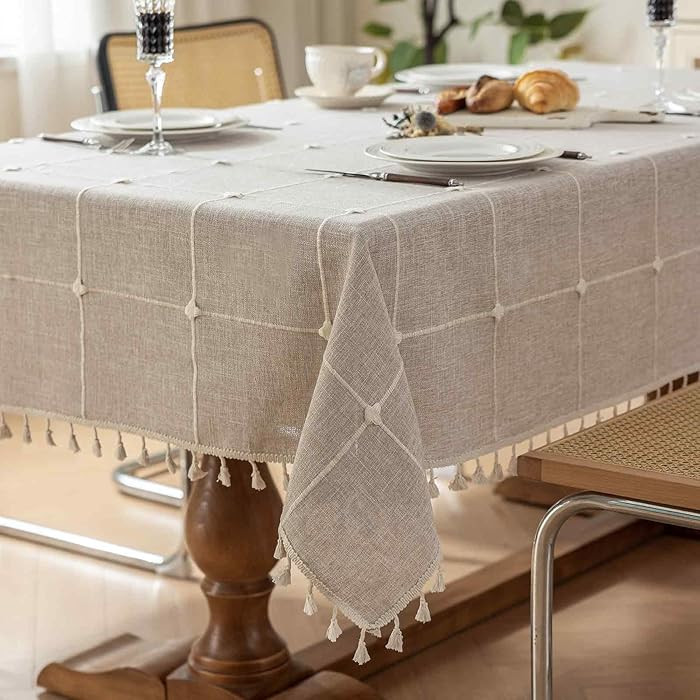 Rectangle Tablecloth Boho Grid with Tassels 52 x 70 Inch, Light Tan Embroidered Table Cloth Cover... | Amazon (US)