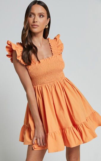 Brynlee Mini Dress - Elastic Chest Flutter Sleeve Hem Dress in Mandarin | Showpo (US, UK & Europe)