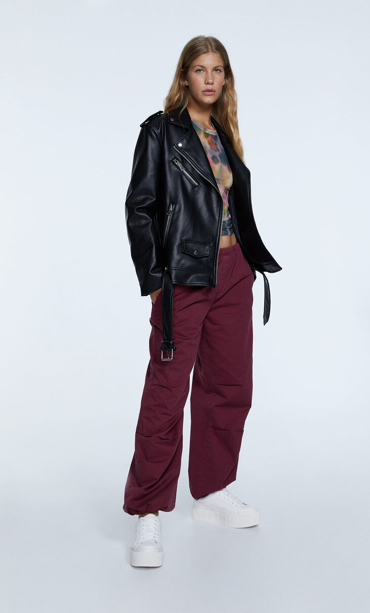 Oversized faux leather biker jacket - Women's fashion | Stradivarius United Kingdom | Stradivarius (UK)