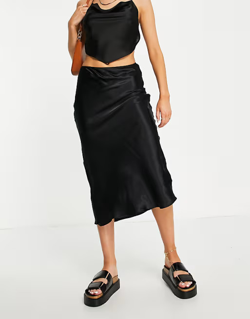 Topshop satin bias midi skirt in black | ASOS (Global)