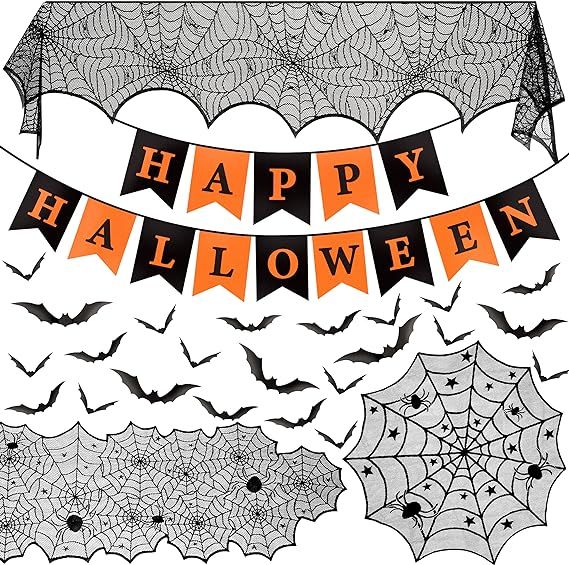Halloween Decorations-5 in 1 Pack, Spider Mantel Scarf and 2 Table Runners Plus Halloween Banner ... | Amazon (US)