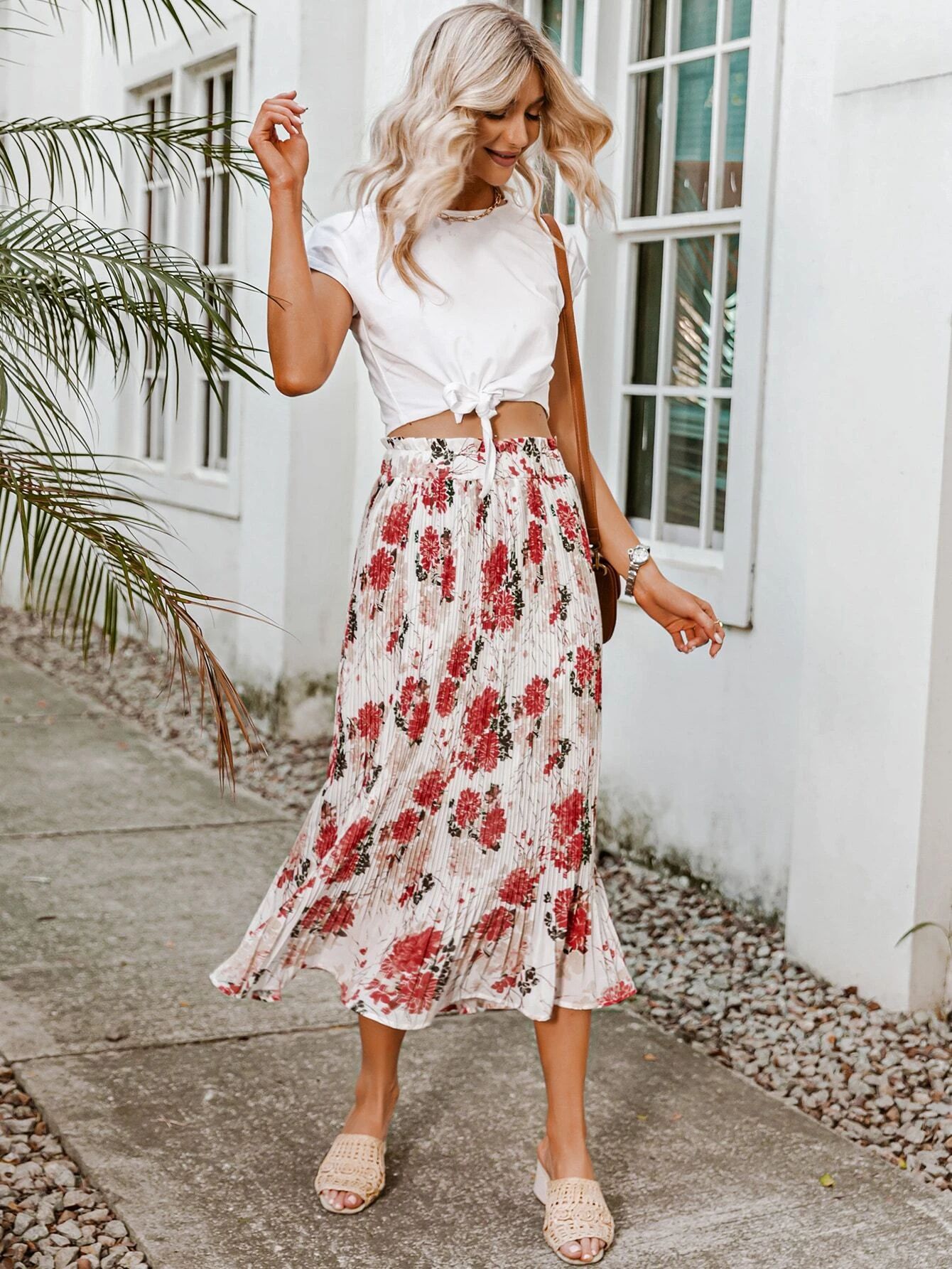 Simplee Elastic Waist Floral Pleated Skirt | SHEIN