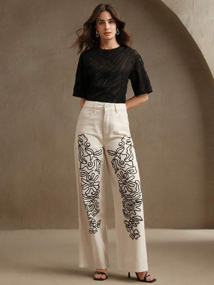 Anewsta Women's 3D Embossed Casual Slim Straight Leg Jeans, Elegant | SHEIN