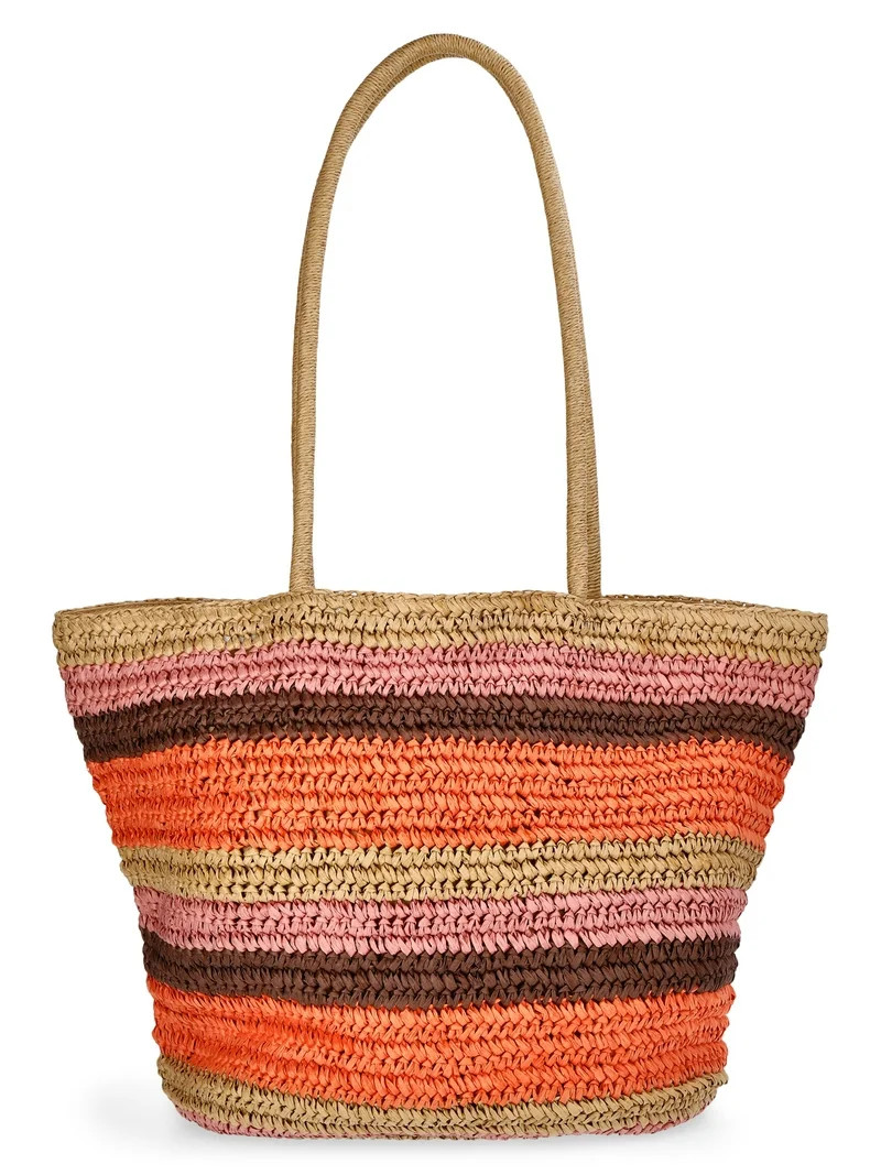 Time and Tru Women's Striped Straw Tote Bag, Peach | Walmart (US)
