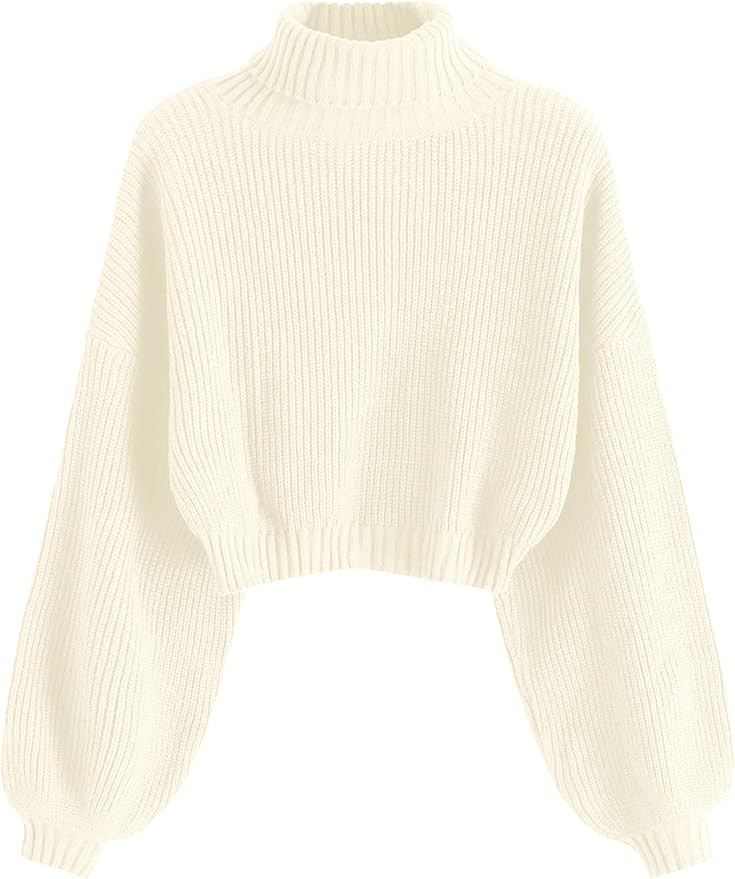 ZAFUL Women's Cropped Turtleneck Sweater Lantern Sleeve Ribbed Knit Pullover Sweater Jumper | Amazon (US)