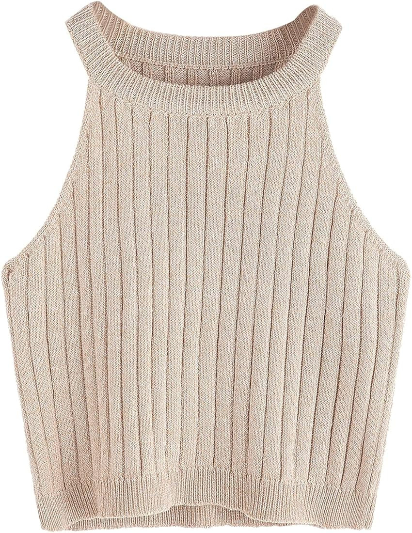 Women's Knit Crop Top Ribbed Sleeveless Halter Neck Vest Tank Top | Amazon (US)