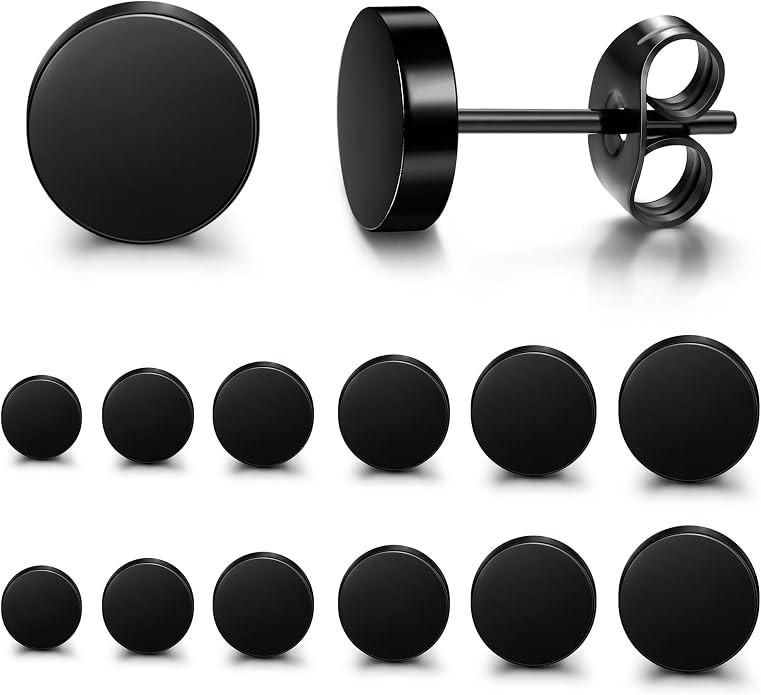 FIBO STEEL 6 Pairs Black Stud Earrings for Men Round Disc Size 3-8MM | Amazon (US)