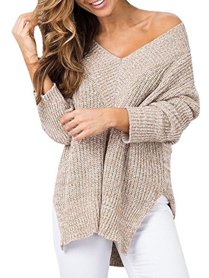 Imily Bela Women's Side-Split V-Neck Crochet Knitted Long Sleeve Loose Sweater Outwear | Amazon (US)