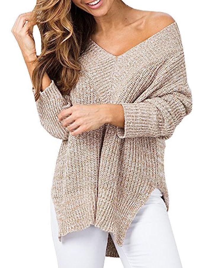 Imily Bela Women's Side-Split V-Neck Crochet Knitted Long Sleeve Loose Sweater Outwear | Amazon (US)