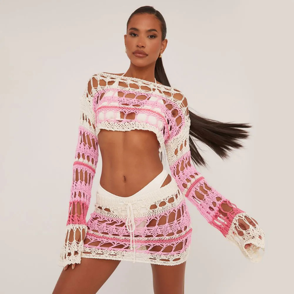 Long Sleeve Extreme Crop Top In Pink And White Crochet Knit | EGO Shoes (US & Canada)