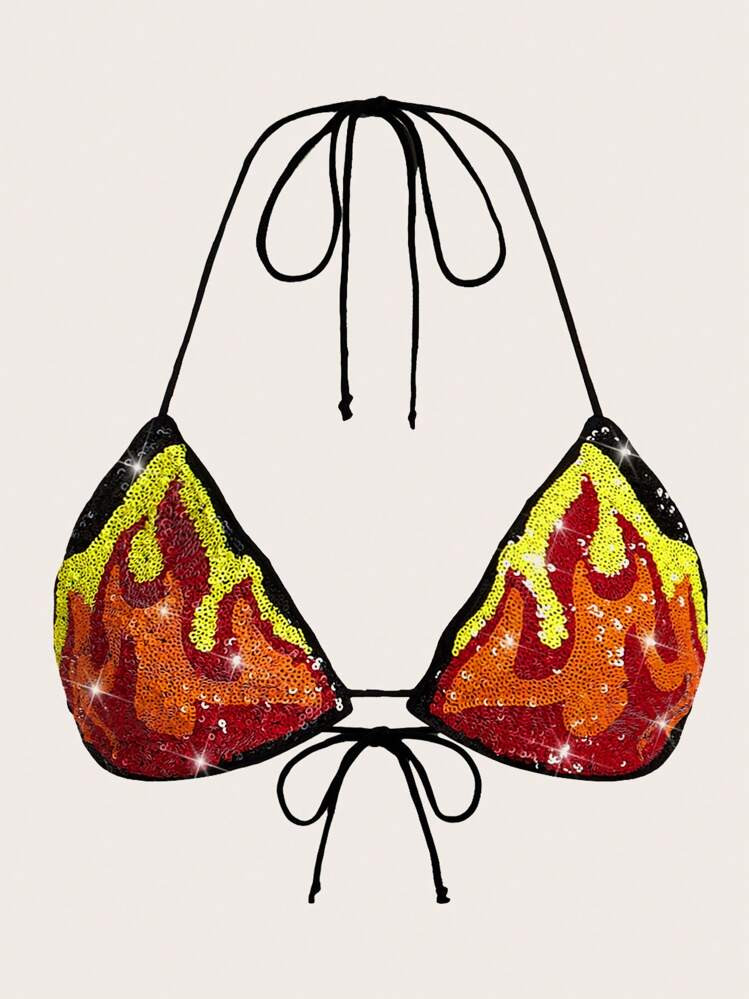 SHEIN ICON Women's Y2k Music Festival Rave Country Concert Summer Sequin Flame Pattern Beaded Neck Strap Bikini Top | SHEIN