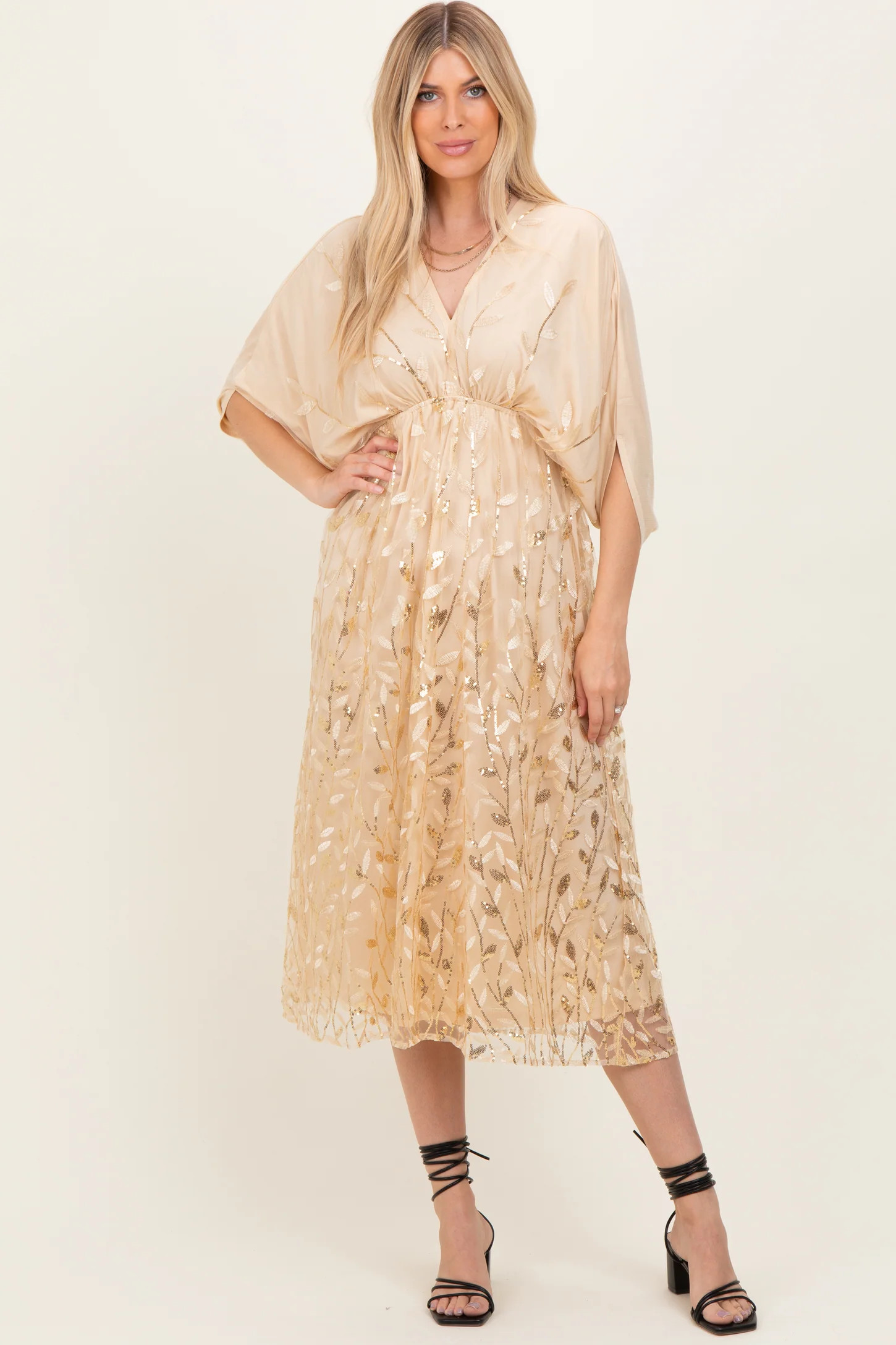 Light Gold Embroidered Tulle Dolman V-Neck Maternity Midi Dress | PinkBlush Maternity