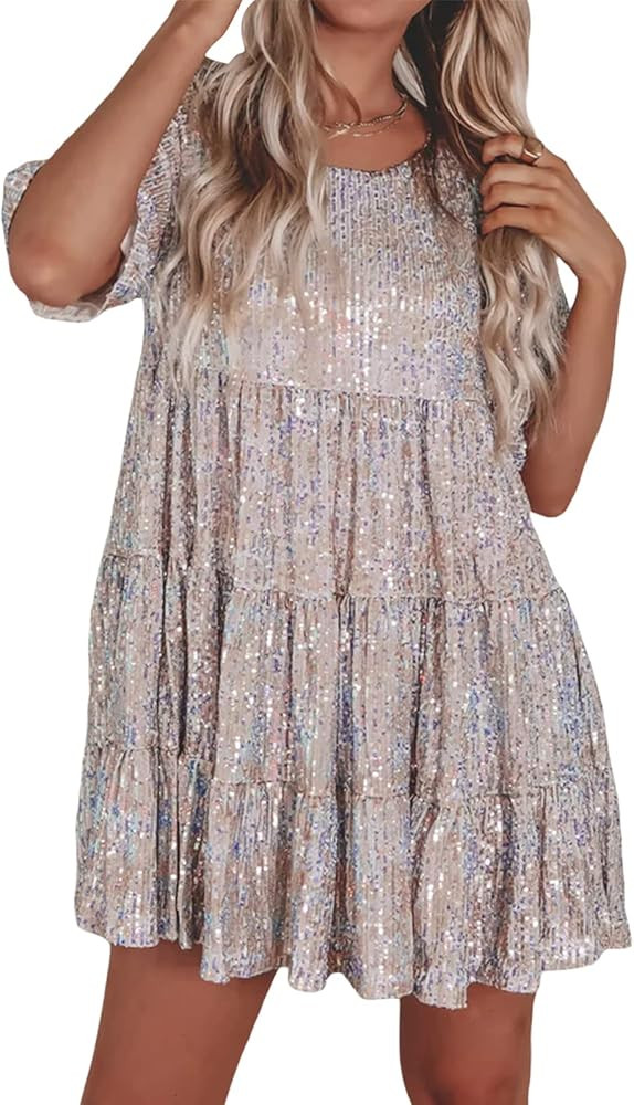 Women's Sequin Glitter Short Sleeve Dress Sparkly Flowy Ruffle A-Line Mini Dress Loose Fit Cockta... | Amazon (US)