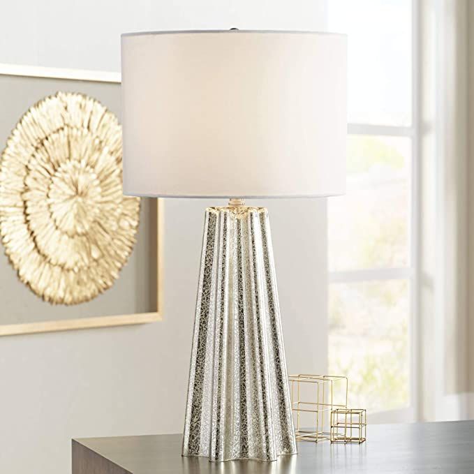 Colter Modern Contemporary Glam Luxury Style Lamp 27" Tall Fluted Silver Mercury Glass White Drum... | Amazon (US)
