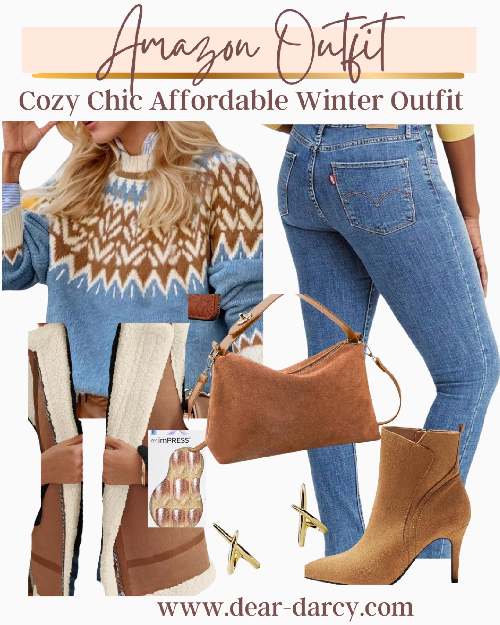 Affordable Amazon Winter 
Cozy chic winter outfit 

Fair isle sweater 
Suede & Sherpa vest 
Levi skinny jeans  $27
Suede bag $24
Suede booties 
X gold on trend earrings $7.99
Cute press on nails that last $7.99

Perfect cozy chic look, great for a coffee date, lunch with the girls, shopping a weekend in the Mnt etc



#LTKFindsUnder50 #LTKStyleTip