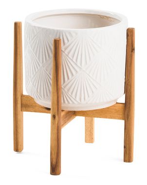 Ceramic Pot With Acacia Wood Stand | TJ Maxx