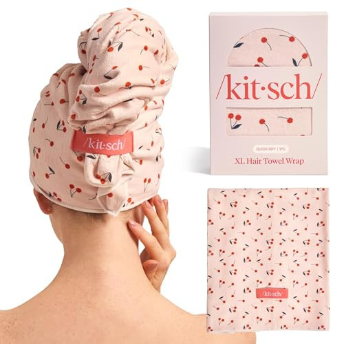 Kitsch XL Microfiber Hair Towel Wrap for Women – Ultra Absorbent Microfiber Bath Towels for Wet, Curly, Long or Short Hair – Anti-Frizz Hair Wrap, Great Hair Care Gifts for Women – Cherry Print | Amazon (US)
