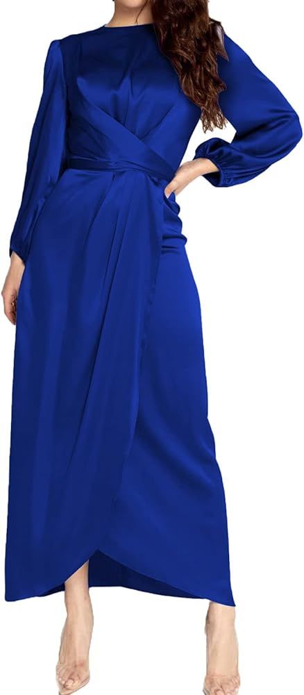 PINUPART Women's Elegant Empire Waist Long Sleeve Satin Maxi Dress | Amazon (US)