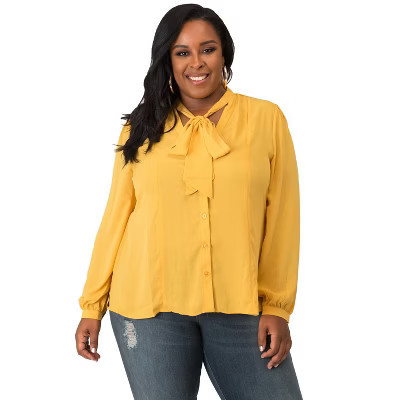 Poetic Justice Curvy Women's Black Chiffon Button-Up Neck Tie Blouse Mustard 1X | Target