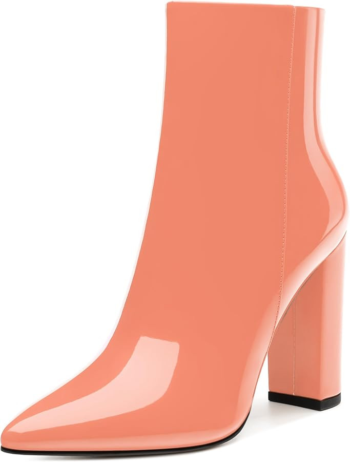 MODENCOCO Women's Ankle Boots Pointed Toe High Chunky Block Heel Side Zipper Mid Calf Heeled Pate... | Amazon (US)