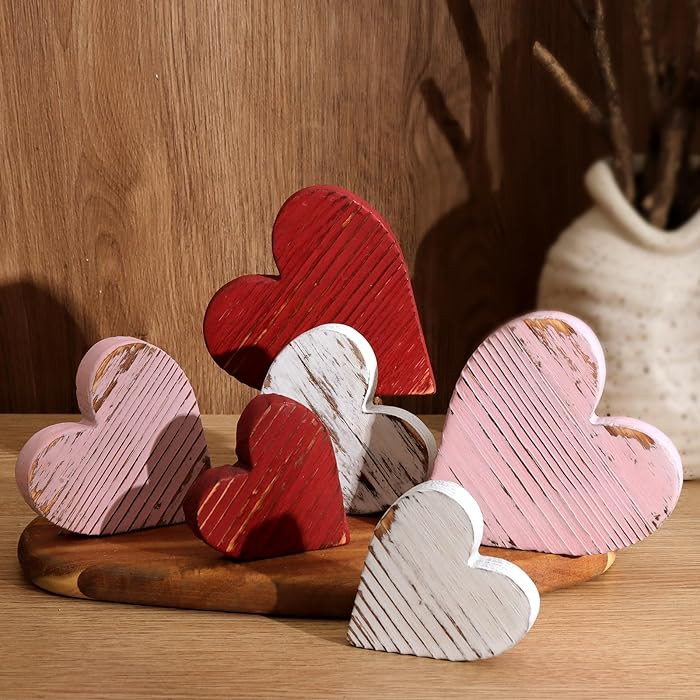 Valentines Day Tiered Tray Decor: 6pcs Red Pink & White Farmhouse Distressed Wood Heart Table Dec... | Amazon (US)