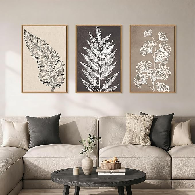 HOURIA Abstract Boho Fern Leaf Floral Framed Canvas Wall Art Set,Vintage Botanical Leaves Wildflo... | Amazon (US)