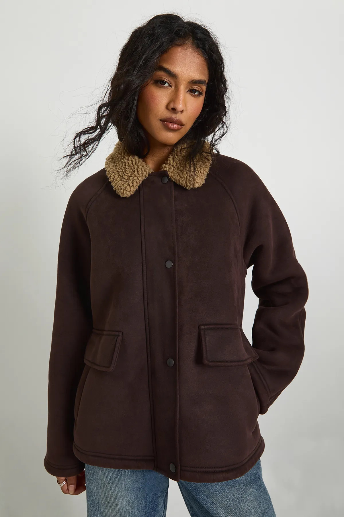 Faux Suede Aviator Jacket With Mittens | boohoo (US & Canada)