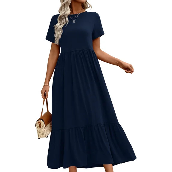 UVN Maxi Dresses for Women Summer Short Sleeve Casual Crewneck Long Dress with Pockets | Walmart (US)