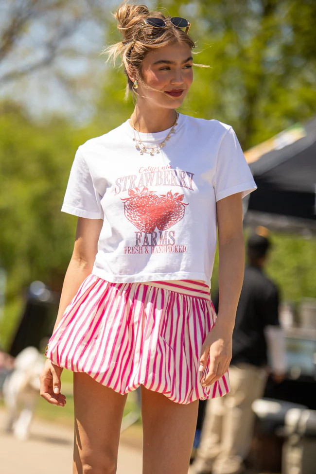 California Strawberry Farms White Boxy Graphic Tee | Pink Lily