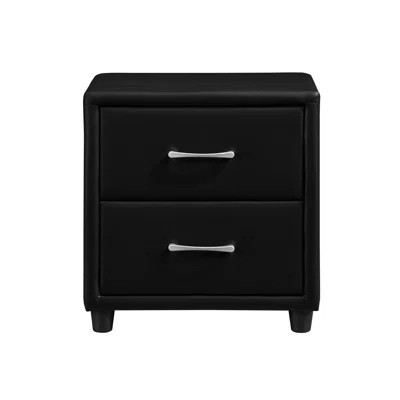 Modern Bedroom Nightstand In Black Faux Leather With 2 And Silver Pulls Elegant Tone | Wayfair North America