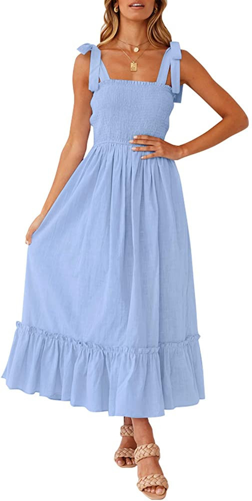ZESICA Women's 2023 Summer Boho Spaghetti Strap Square Neck Solid Color Ruffle A Line Beach Long ... | Amazon (US)