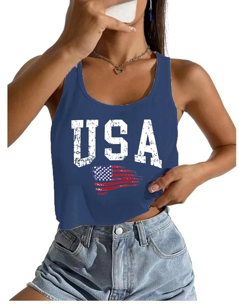 Women's Sexy American Flag Crop Tank 4th of July Patriotic Sleeveless Tee Tops | Amazon (US)