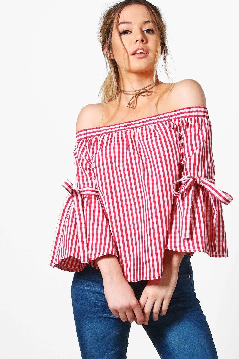 Petite Bethany Off The Shoulder Gingham Top red | Boohoo.com (US & CA)