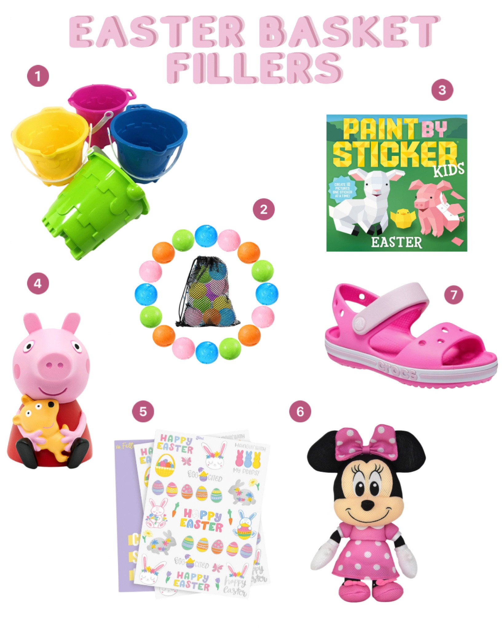 If you're anything like me, and things like Easter baskets, stocking stuffers, and birthday party presents really sneak up on you, peep this list of seven Easter basket fillers for kids you can get by Saturday.

Everything (for the most part) is something they can really use this spring and summer, because I don't know about you, but the last thing I want in my house is more junk. 

1. Sand pails: I'm doing sand pails in lieu of traditional baskets, because I never know where to store regular Easter Baskets and don’t want to buy new every year. I know my kids need sand toys for the summer, and this pack comes with four—one for each.  

2. Reusable water balloons: Similar deal. Instead of buying plastic easter eggs, I'm going to fill reusable water balloons with treats, including a few edible options and cut-outs of the tattoos below. 

3. Paint by sticker: For ages 4 and up, but my older boys love these. It's a good quiet distraction for them, and the creations actually turn out pretty cool! 

4. Peppa Pig Tonie: We recently got a Tonie, and I've been surprised by how much my (very energetic) kids use it. Every once in a while one of them sneaks off and plays quietly. Huge win. And we have a healthy Peppa obsession, so this is a natural fit to grow our collection. 

5. Temporary tattoos: Hands-down the best temporary tattoos I've tried. Not only are they really artful and fun—sparkles!—but they're very high quality.  They don't crumble while you try to put them on, but instead go on quickly/easily with a wipe. They’re long-lasting, too! 

6. Aqua pals: These are meant to get dirty... go in the pool, on errands, play outside. Doesn't matter—they're machine washable and quick-drying. They also have a special mold-resistant technology, so you don't have to worry about that. 

7. Crocs sandals: Finally, all of the kids need new sandals, and these are among the best I've tried for the toddler age group. They're cute (charm compatible, which is another good basket filler actually!), easy to put on without help (yesss!), and stay on.

#LTKfamily #LTKSeasonal #LTKkids