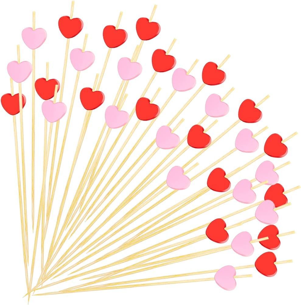 YSSAI 200 Counts Heart Cocktail Picks Red Pink Heart Fancy Toothpicks 4.7 Inch Handmade Bamboo Co... | Amazon (US)