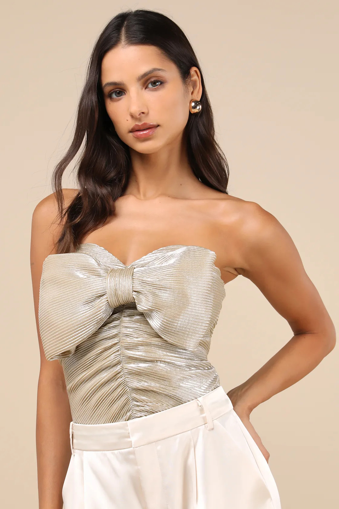 Fashionista Flair Shiny Champagne Bow Strapless Top | Lulus