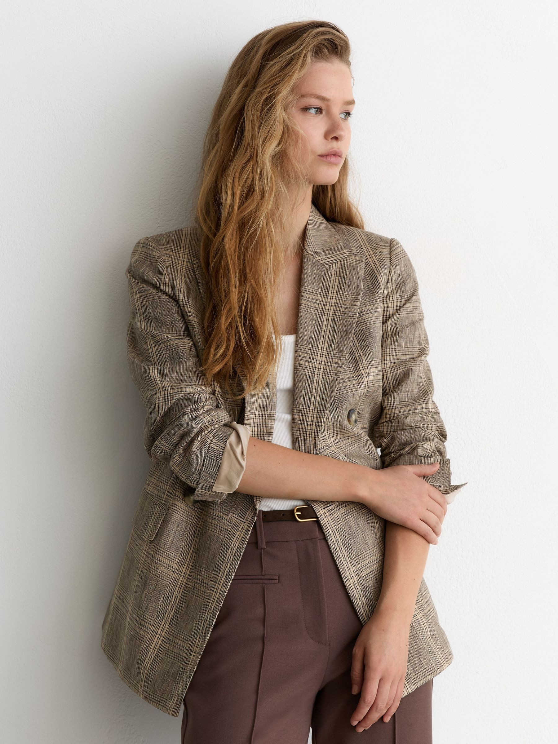 Reiss Linen Double-Breasted Check Blazer in Neutral Check - REISS | Reiss UK