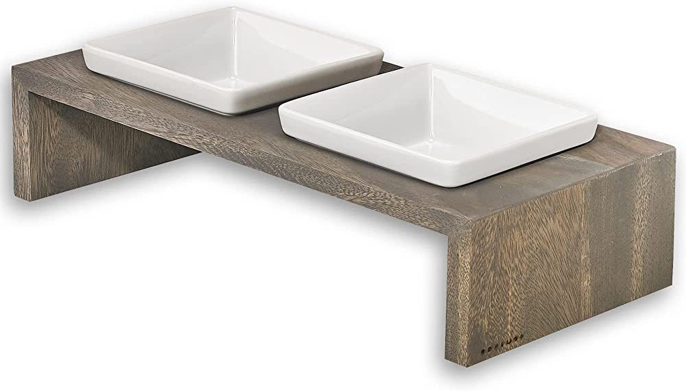 Bowsers Artisan Diner Double Dog Feeder - Handcrafted Rubberwood Frame with Square Ceramic Bowls ... | Amazon (US)