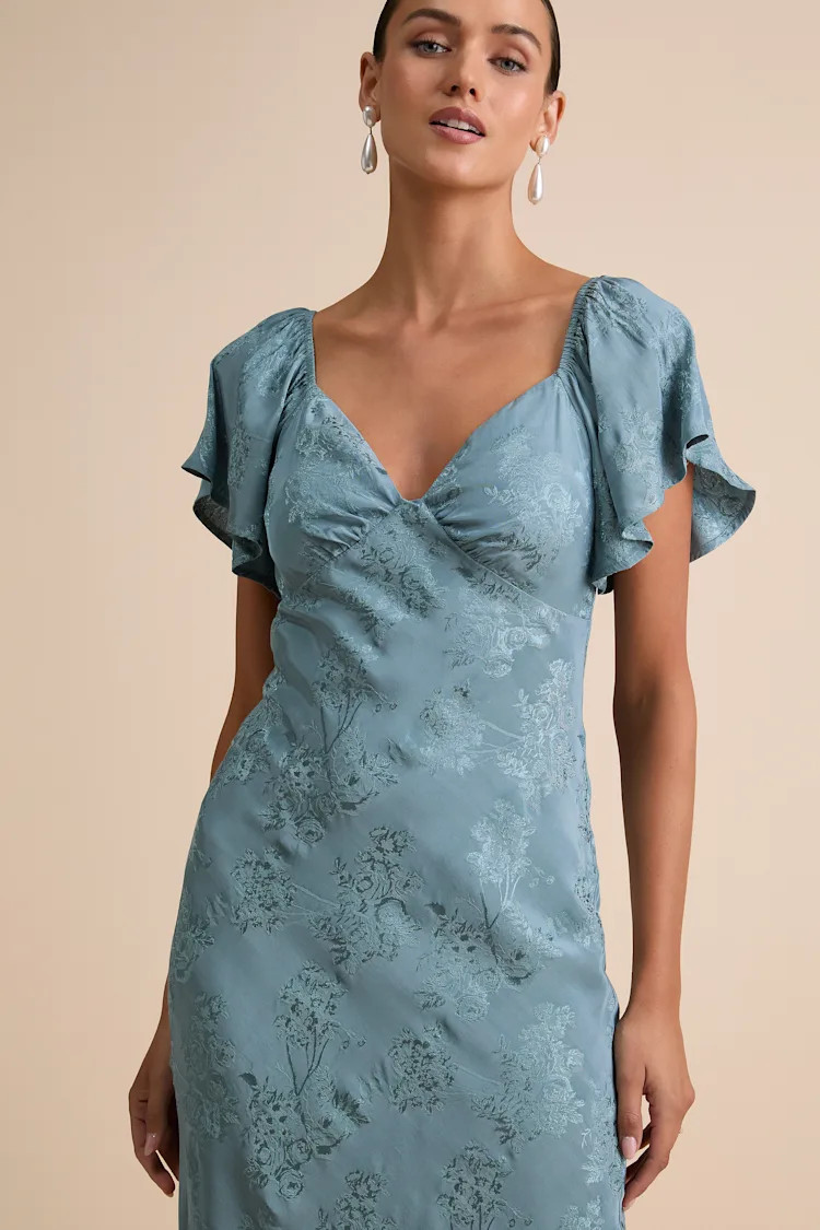 Effervescent Afternoon Slate Satin Flutter Sleeve Midi Dress | Lulus
