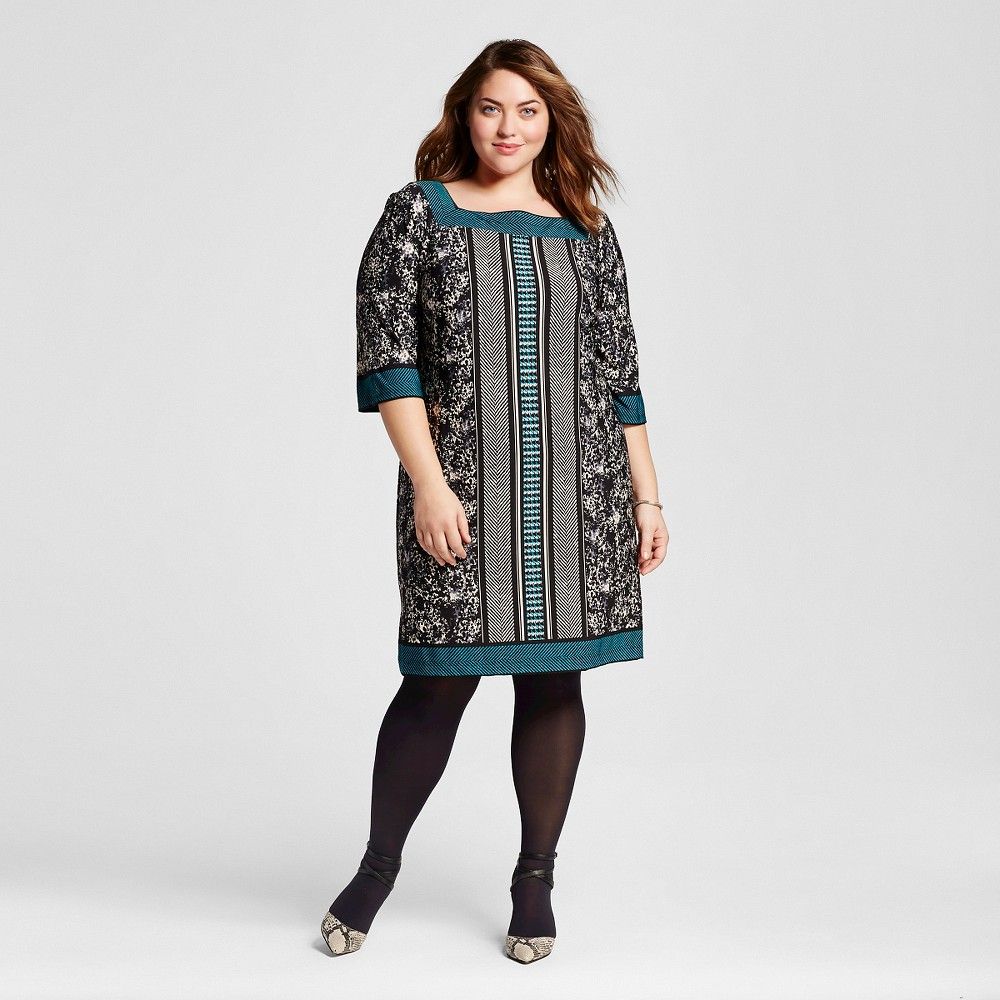 Women's Plus Size Printed Elbow Sleeve Dress Black/Ivory/Teal 18W - Studio 1, Multi-Colored | Target