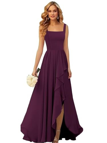 DIYFU Plum Bridesmaid Dresses for Wedding Ruffle Chiffon Evening Party Dress with Slit Size 8 | Amazon (US)
