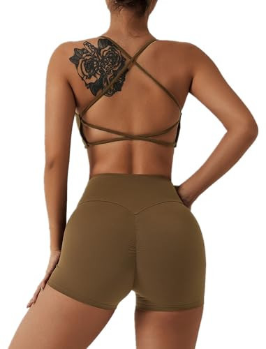 ABOCIW Workout Sets for Women 2 Piece Criss Cross Back Strappy Sports Bra Scrunch Butt liftings High Waist Biker Shorts Fitness Gym Yoga Outfits Bra + Shorts Brown X-Large | Amazon (US)
