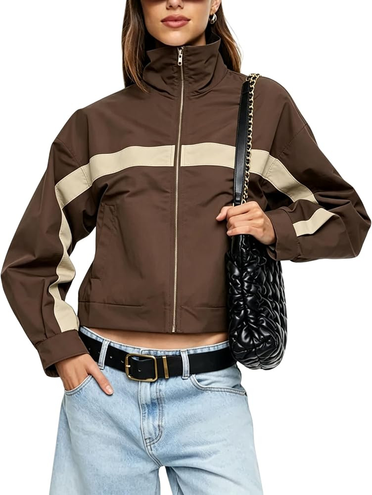 Lviefent Womens Cropped Jacket Color Block Stand Collar Windbreaker | Amazon (US)