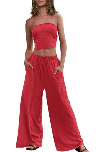 Panadila Womens Summer Lounge Sets 2 Piece Outfits Tube Top and Wide Leg Pants Matching Set Beach Vacation Clothes (Red,L) | Amazon (US)