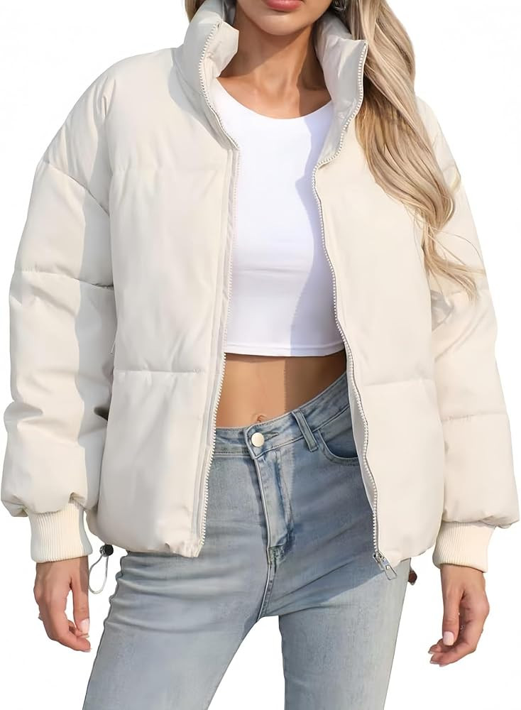 Women's Winter Quilted Down Jacket Stand Collar,Zipper,Drawstring,Short,Warm Loose Fit | Amazon (US)