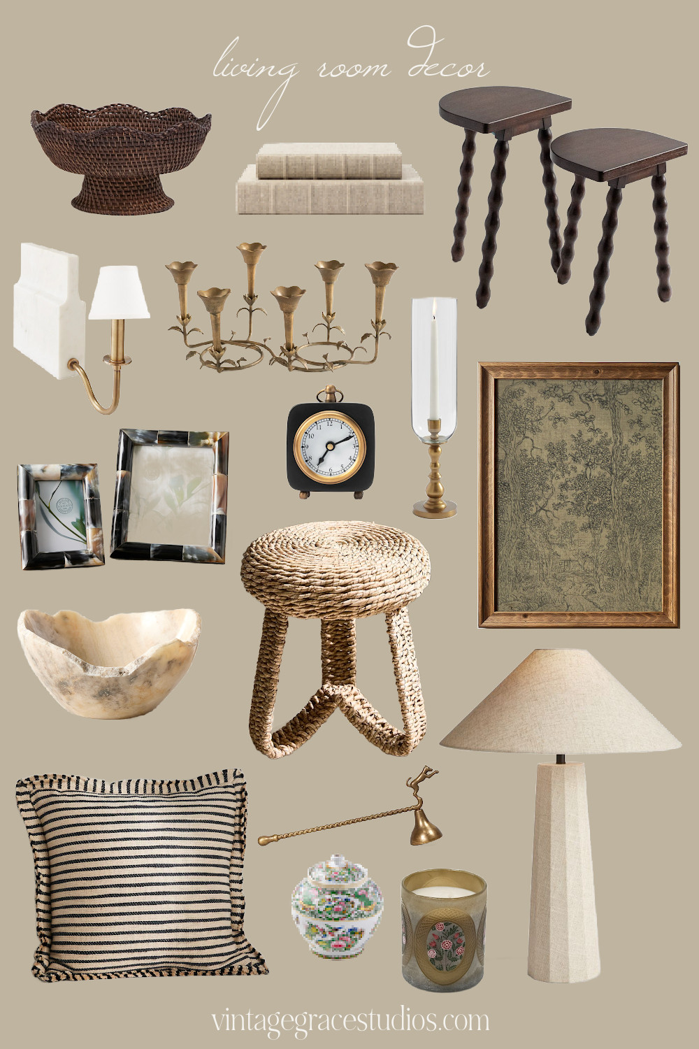 aesthetic living room decor, transitional decor, candlestick holders, bookshelf light, decorative bowl, coffee table books, stools, lamp, throw pillow, candle snuffer, candles, picture frames, wall art 

 #LTKHome