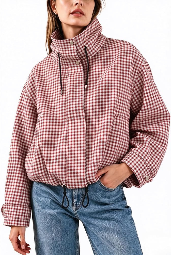 Esmeling Women Gingham Zipper Bomber Jacket Stand Collar Long Sleeve Jacket Cropped Outwear with ... | Amazon (US)