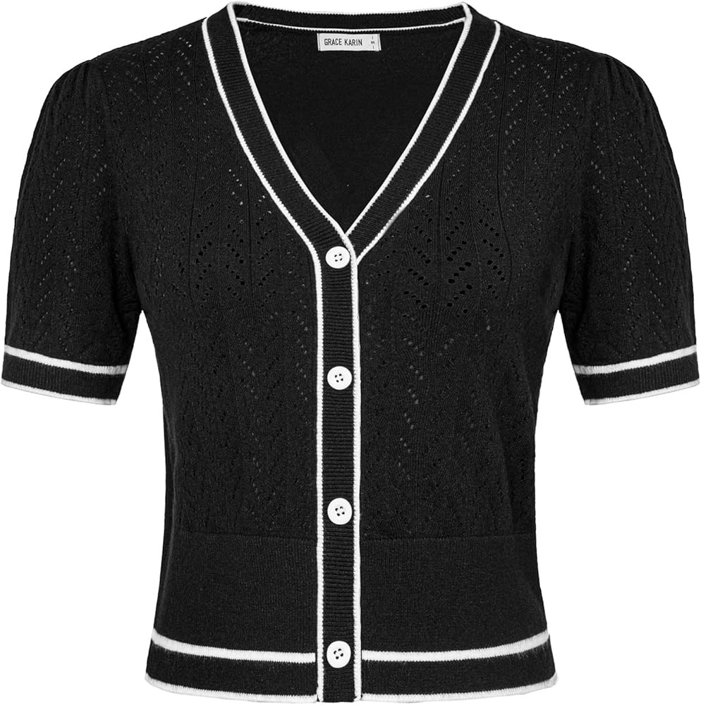 GRACE KARIN Cropped Cardigan Sweaters for Women Short Sleeve Crochet Knit Bolero Shrug V-Neck But... | Amazon (US)