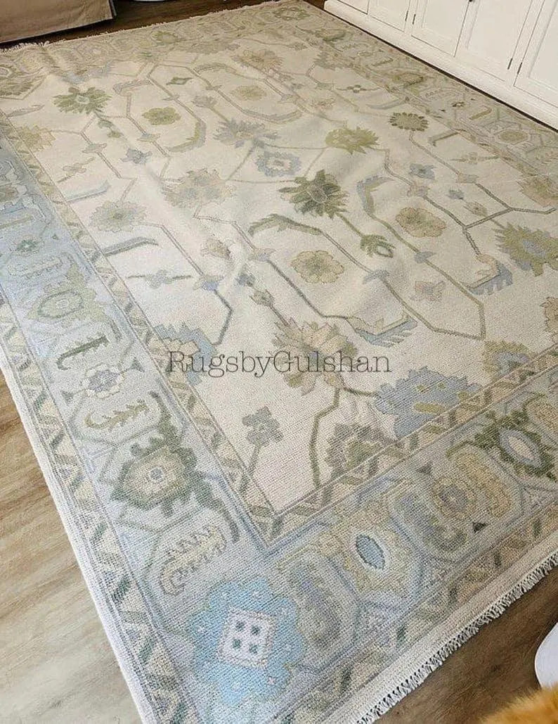 Hand Knotted Oushak Rug, Turkish Wool Area Rug, Pastel Floral Living Room Carpet - Etsy | Etsy (Global)