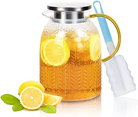Joeyan 60 oz Clear Glass Pitcher with Lid Spout and Handle, 1.8 Liter Glass Water Carafe for Hot/Col | Amazon (US)